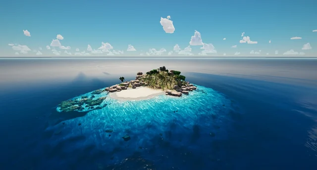 The island from the air, with its reef in the middle of the ocean