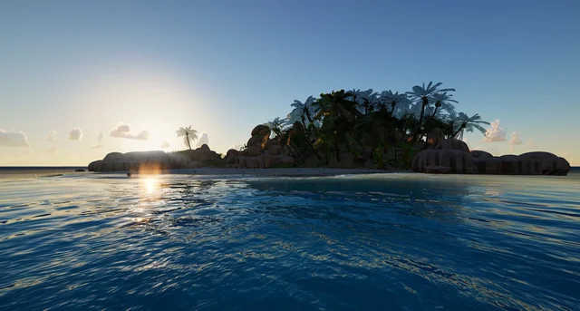 The island from the sea, with the sun about to set