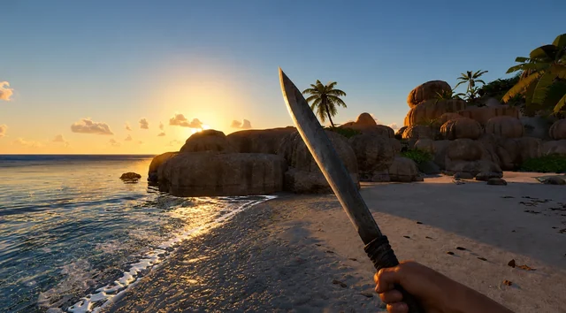 A machete in hand, on the shore, with the sun low