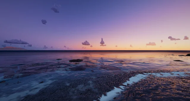 The shore in the last light, already violet